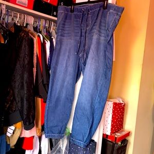 Mid rise jean joggers with cinch waist and cinch ankles